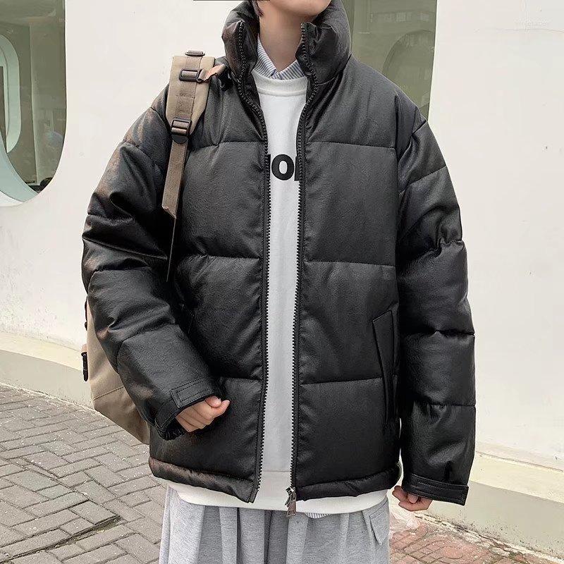 

Men's Wool & Blends PU Leather Men Coat Loose Version Japanese Cotton Winter Hong Kong Casual Korean Style Trendy Handsome Solid Black Jacke