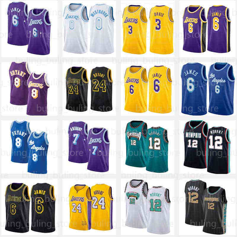 

12 Ja Morant Basketball Jersey 6 23 0 Lebron Grizzlies''Carmelo Anthony James 75th Lakers''Anniversary Davis Russell Westbrook Jerseys City Black Mamba 2022 Men