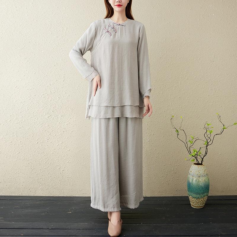 

Ethnic Clothing Chinese Style Summer Clothes For Women 2022 Tai Chi Uniform Yoga Cheongsam Top+Wide Leg Pants 2 Piece Sets Womens Outfits 12