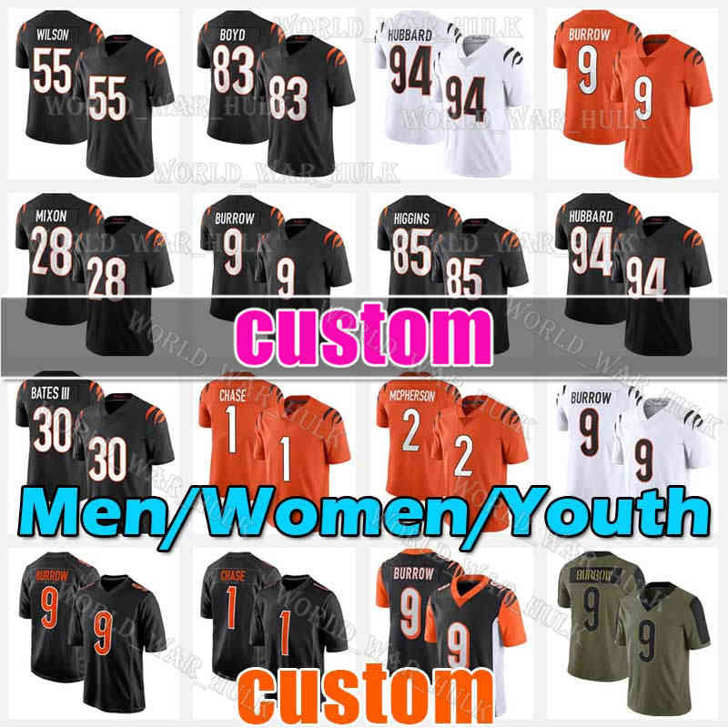 

9 Joe Burrow Football Jersey 1 JaMarr Chase 28 Mixon 2 Evan McPherson Tee Higgins Logan Wilson Sam Hubbard Tyler Boyd Cincinnati Bengals Dax Hill Daxton Chidobe Awuzie, Women jersey(m h)