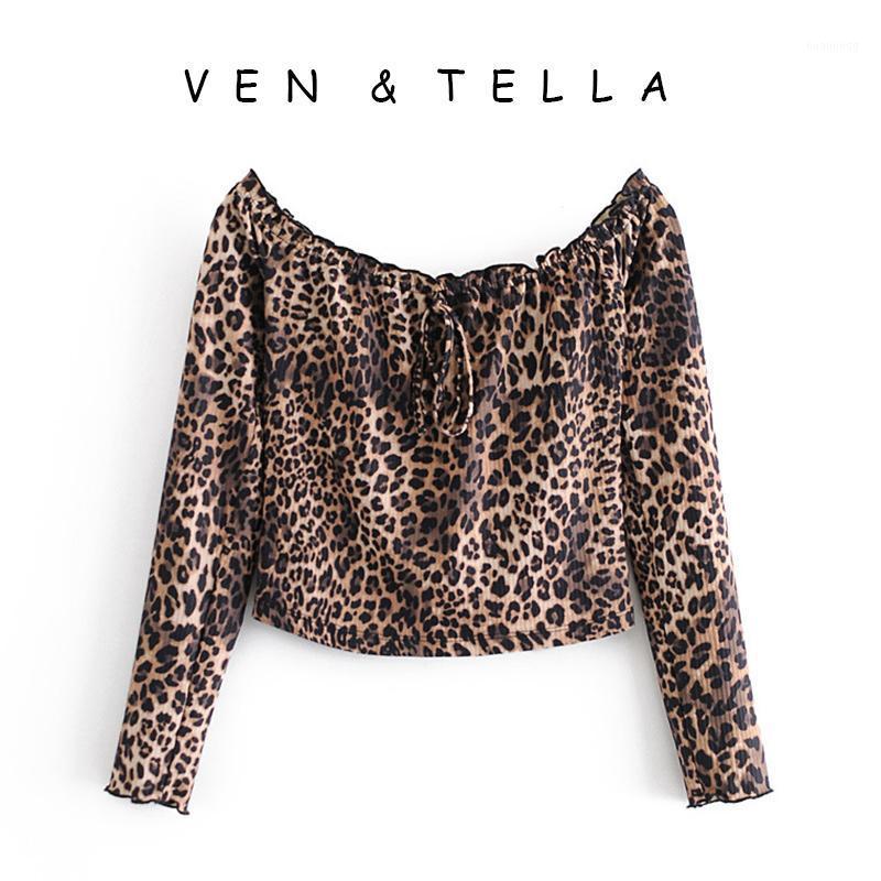 

VEN&TELLA Studio Spring And Summer Design~French Sexy Slim-fit Lace-up Wild Leopard Print One-shoulder Long-sleeved Top Women' Blouses & Sh, Brown