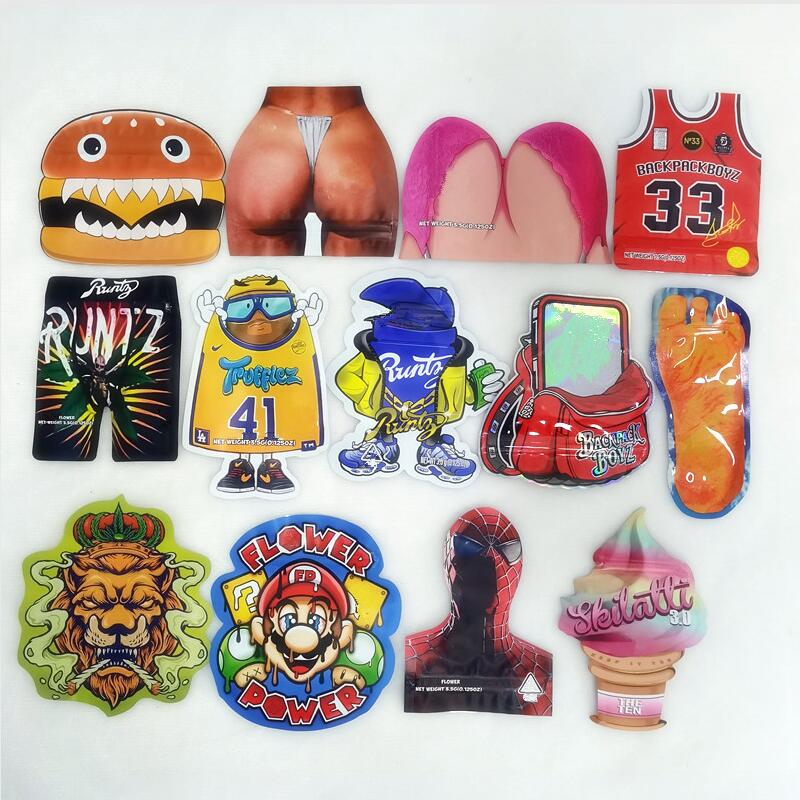 

Empty irregular shaped mylar bags resealable zipper custom printed backpack boyz 33 ONE UP white runtz Sharks payd Alien Joke's UP packing