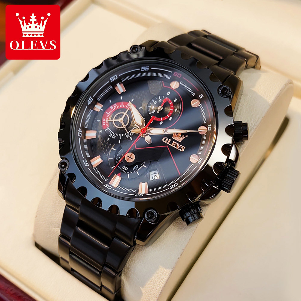 

OLEVS Watches Mens Top Brand Luxury Clock Casual Stainless Steel 24Hour Moon Phase Men Watch Sport Waterproof Quartz Chronograph, S black