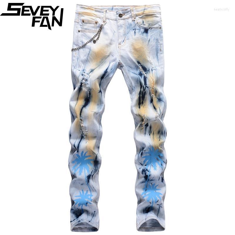 

Men's Jeans Tie Dye Ripped Men's Fashon Coconut Trees Printed Denim Pants With ChainsMen's Heat22, Beige