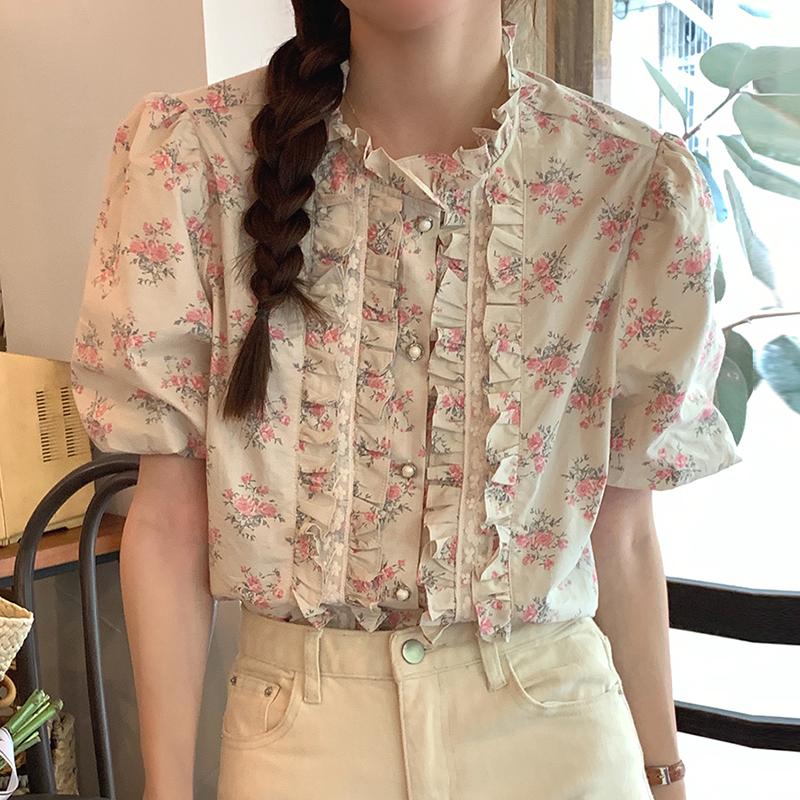 

Women's Blouses & Shirts Korean Summer Sweet O-neck Pearl Button Edible Tree Patchwork Top Puff Sleeve Fashion Print Casual ShirtWomen's Wom, Apricot