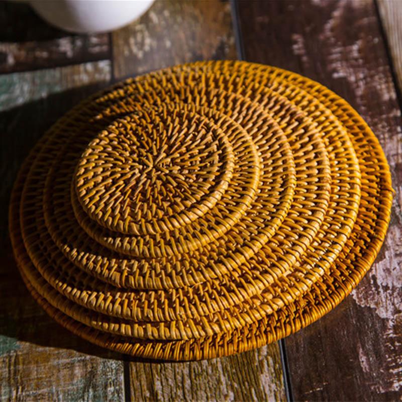 

Mats & Pads Natural Rattan Round Shape Hand-made Dining Room Decor Kitchen Placemat Drink Coasters Table Pad