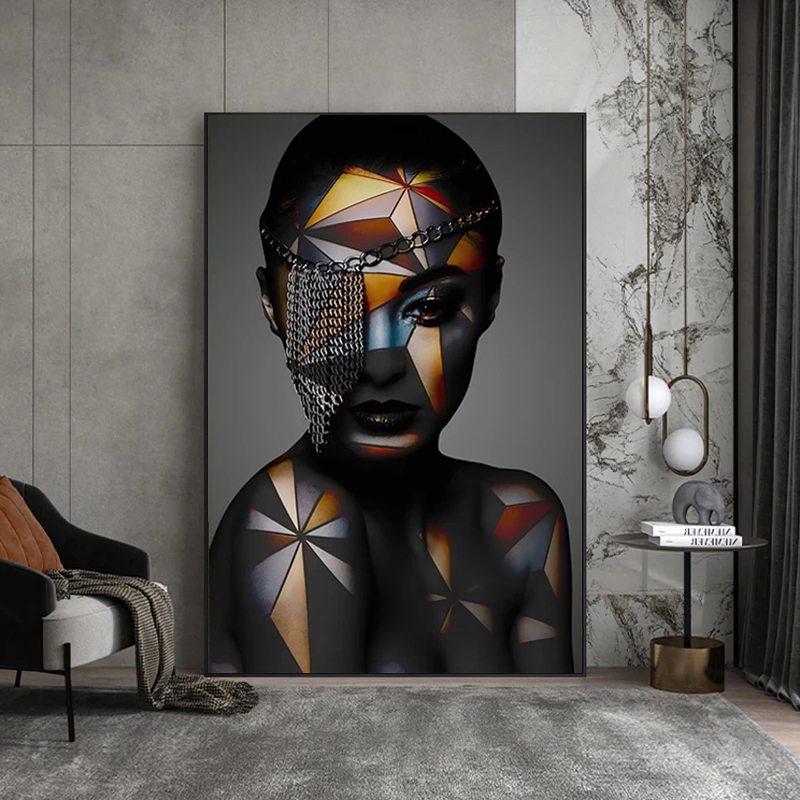

Geometric Makeup African Black Woman Canvas Posters Figure Art Picture HD Print Modern Wall Painting for Living Room Decoration