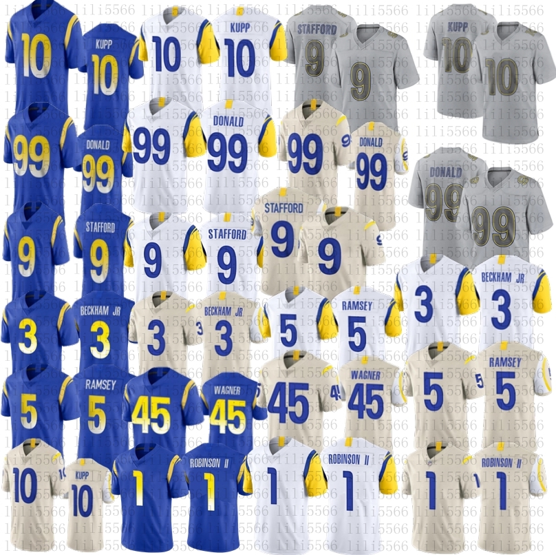 

9 Matthew Stafford Cooper Kupp football jersey MEN WOMEN YOUTH 99 Aaron Donald 45 Bobby Wagner 1 Allen Robinson II 5 Jalen Ramsey 3 Odell Beckham Jr white Jersey, Grey