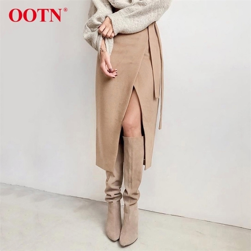 

OOTN Khaki Suede Long Skirt Women Autumn Winter Casual Wrap Skirt Lace Up Women High Waist Midi Skirt Office Ladies Elegant Y200326, Grey