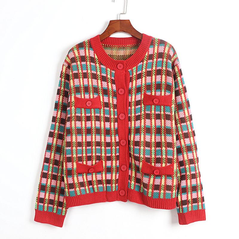 

Women's Knits & Tees Contrast Color Plaid Cardigan Women Knitted Jacket 2022 Spring Outwear Vintage Round Neck Single Breasted Sweater Coat, Blue