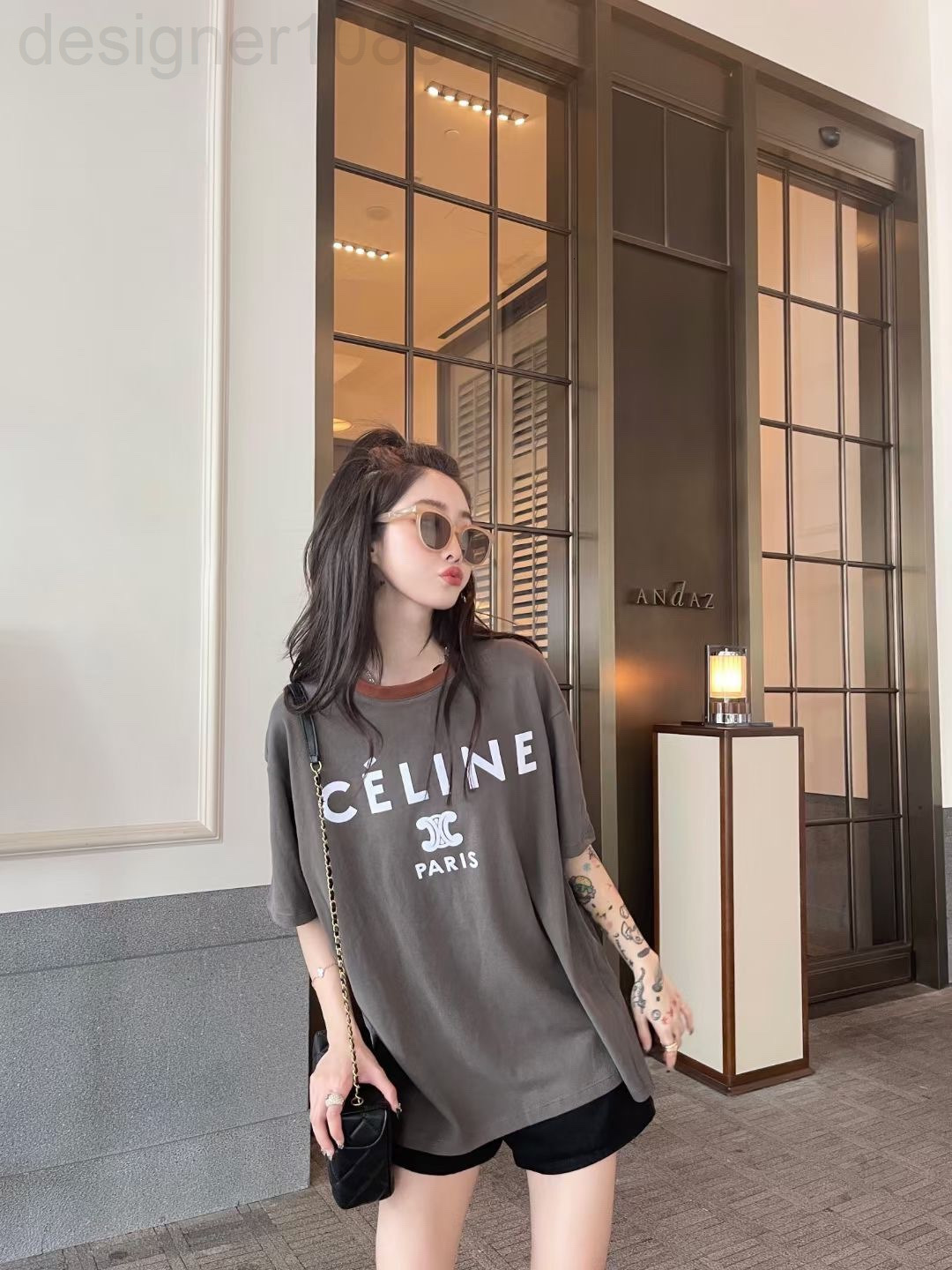 

Women's T-Shirt designer CE family 22 spring and summer new loose collar edge contrast color letter printing casual 100 style top CC4Z, Gray