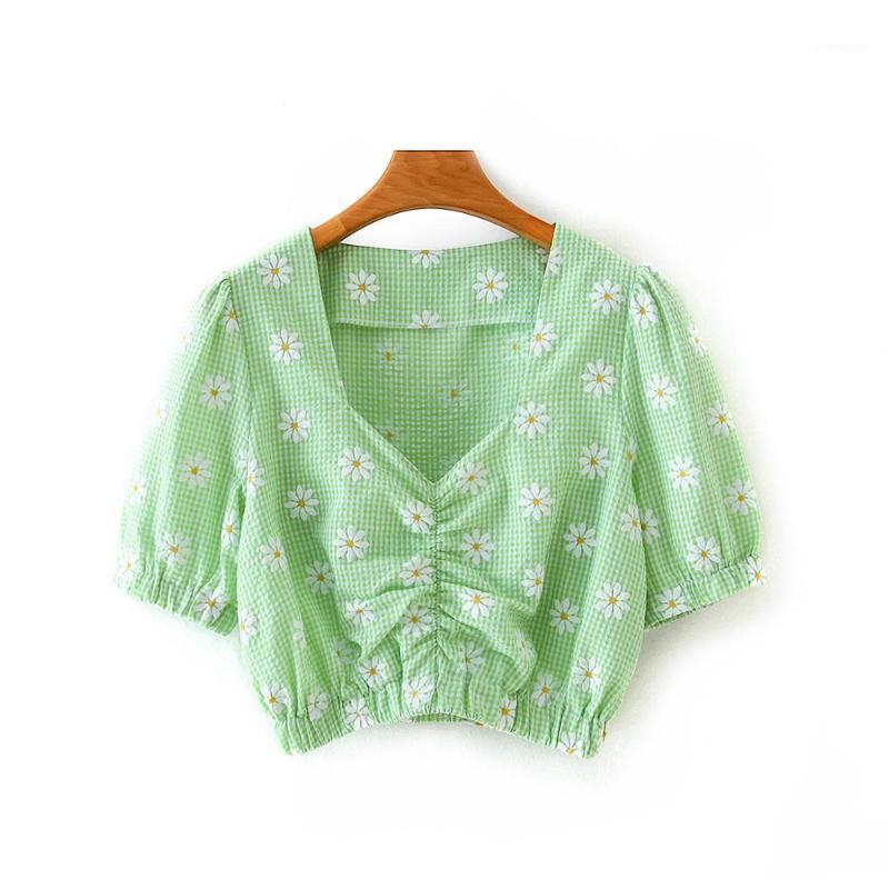 

Flabbit Women Summer Fashion V-neck Puff Sleeve Floral Print Short Blouse Pleated Hem Sweet Casual Slim Brand Tops LX1035 Women's Blouses &, As pic lx1035g