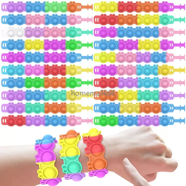 Rainbow Push Bubbles Bracelet Toys Easter Kids Tie Dye Decompression Press Silicone Anxiety Stress Relief Rabbit Adjustable Wristband Gifts Toy A-image-762571315