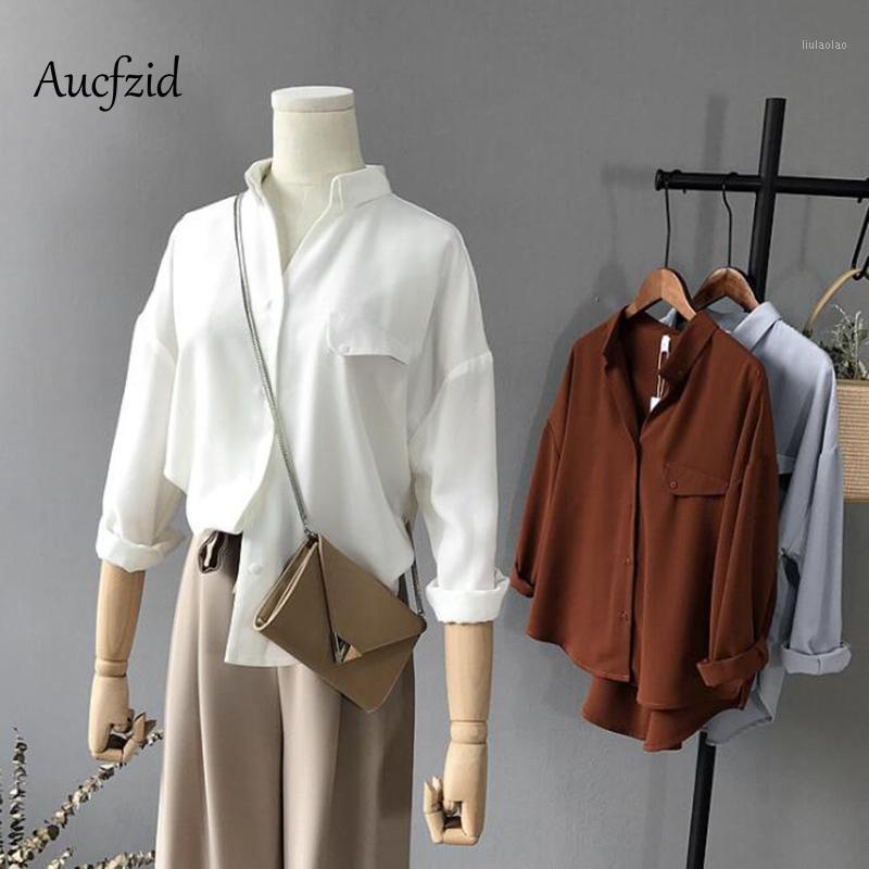 

Women's Blouses & Shirts Aucfzid Spring Chiffon Blouse Women Vintage Oversize Office Elegant Shirt Long Sleeve Casual Tops A034, Silver