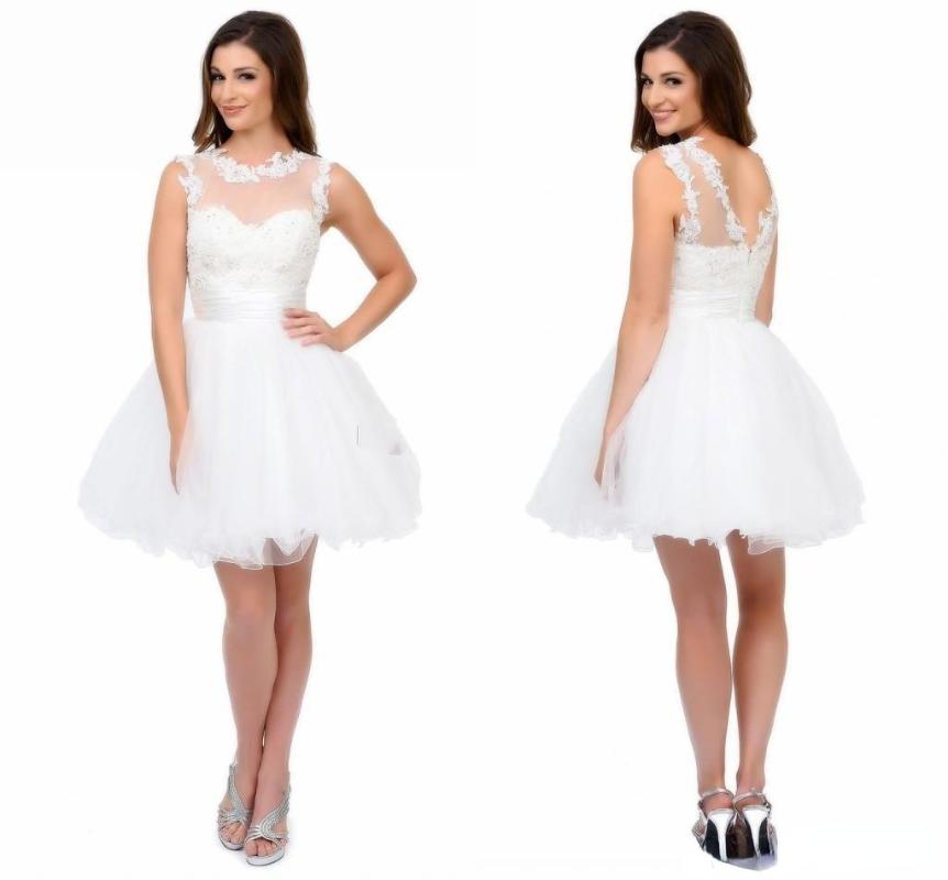 

Party Dresses White Short Homecoming With Sweetheart Sheer Neck And Straps Appliques Tulle Mini Dress Cute Cocktail DressParty, Ivory