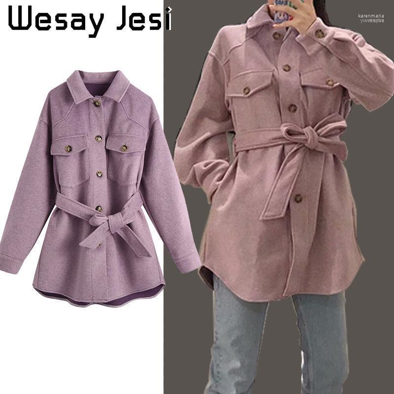 

Winter Women's Woolen Jacket Coat Pink Purple Single Breasted Symmetrical Pocket Belt Decoration Mid-length Coat1 Kare22