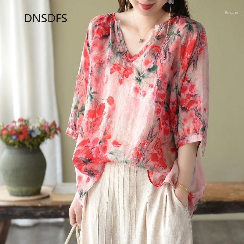 

Summer Shirt Vintage Floral Print Tops Women V Neck Leisure Chic Loose Blouses Cotton Linen Thin Half Sleeve Shirts Lady Blusas Women's &, Pink