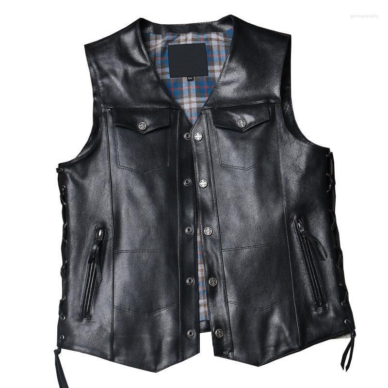 

Men's Vests Motorcycle Mens Biker Leather Vest Male Goatskin Genuine Sleeveless Jackets V Neck Adjustable Black Sheepskin Waistcoat Guin22