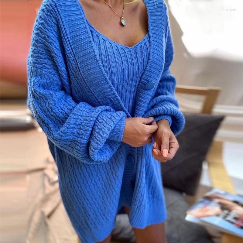 

Women's Knits & Tees Autumn Women's Clothing Occident Street Blue Fashion V Neck Loose Long Sleeves Suspender Sweater Dress Knitting Top, Sky blue