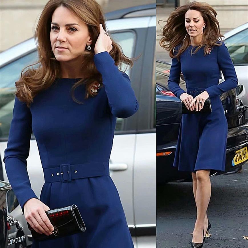 

Kate Middleton High Quality Spring Autumn New Women' Fashion Party Workplace Casual Vintage Elegant Chic Gentlewoman Blue Dr298i
