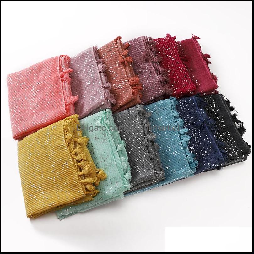 

Women Hijabs Glitter Shinny Shimmer Scarf Wraps Plain Muslim Hijab Headband Fringe Headscarf Islam Long Shaw Drop Delivery 2021 Scarves Ha