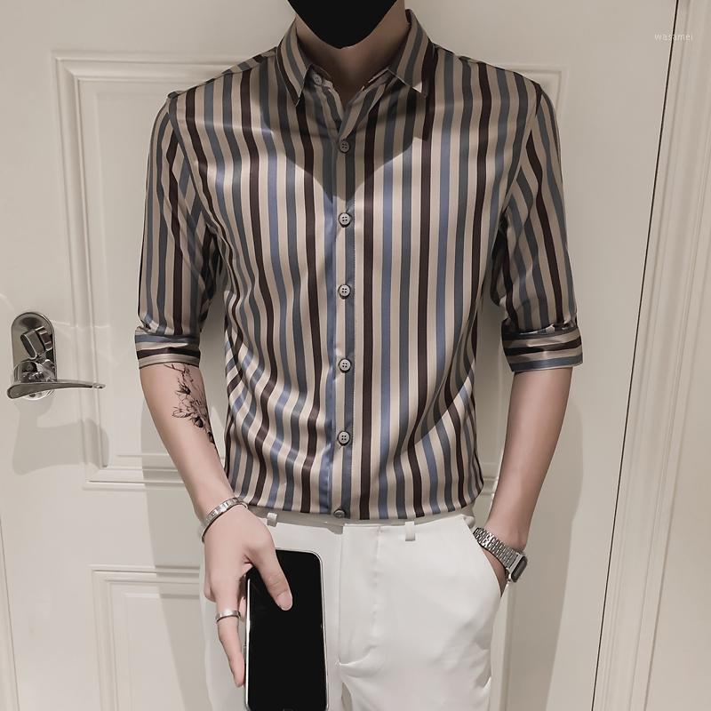 

Fashion Striped Shirts Men Slim Fit Streetwear Half Sleeve Lapel Button Shirt Social Party Nightclub Blouse Men's Casual, Champagne