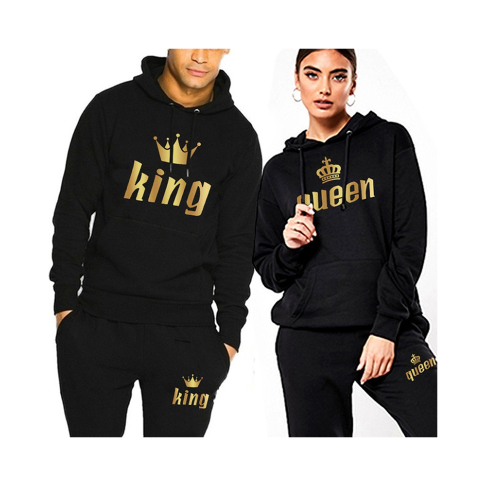 

2022 New Tracksuit Brand Designer Fashion Luxury Couple Sportwear Set KING or QUEEN Printed Fleece Hooded Suits 2PCS Set Hoodie and Pants S-3XL, Black queen