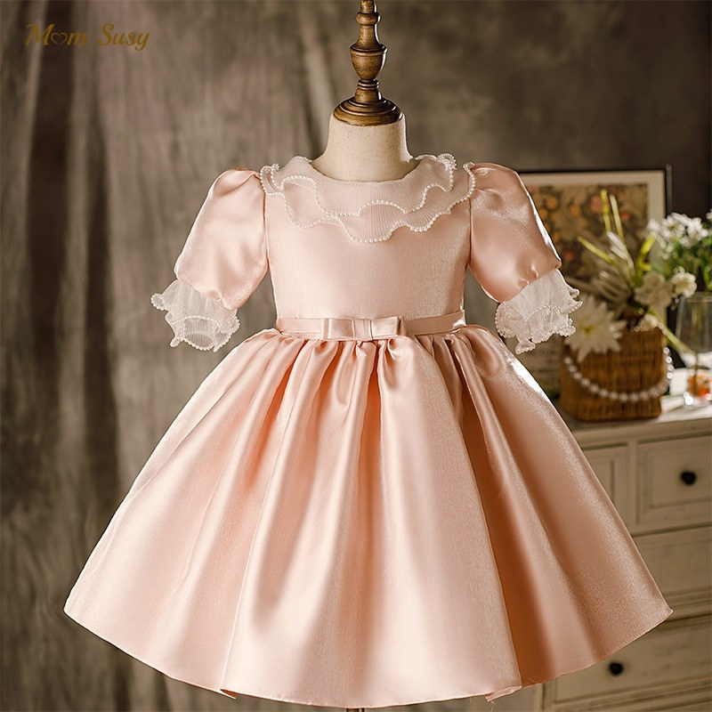 

Girl Princess Vintage Silk Dress Pearl Lotus Collar Infant Toddler Vestido Flare Sleeve Wedding Party Birthday Baby Clothes 17Y 220614, Pink