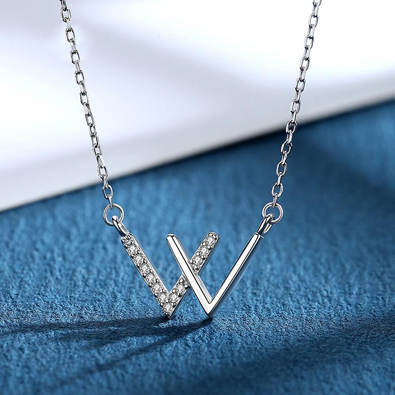 

Lockets Trendy S925 Sterling Silver W Letter Necklace Fashion Women Jewelry Double V Pendant Zircon Diamond