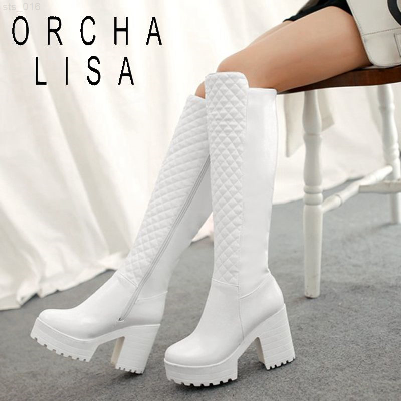 

2021 Winter zipper Knee High Boots Women Fashion White Square Heel Long Boots Woman Leather Shoes Warm Large Size -43T220718, Black
