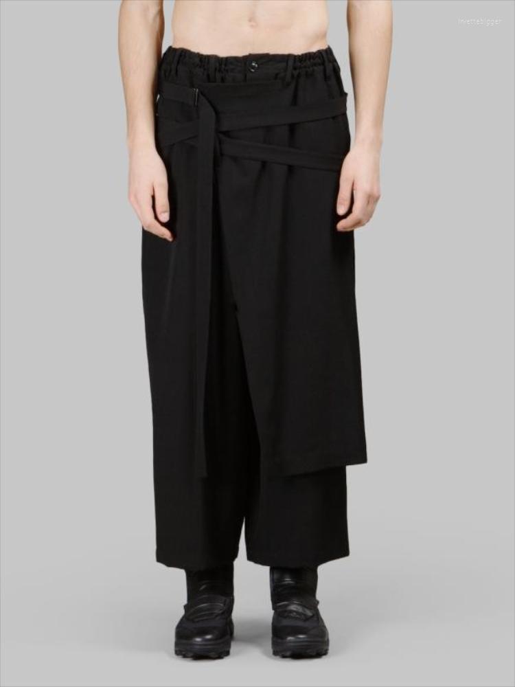 

Men' Pants Men' Culottes Casual Wide Leg Early Fall Black Elastic Waist Ribbon Fashion Irregular False Two Pieces Of PantsMen