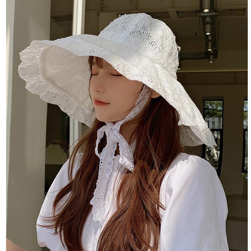 

Wide Brim Hats Summer For Women Black White Lace Bucket Hat Beach Sunhat Large Anti-UV Cap WomenWide