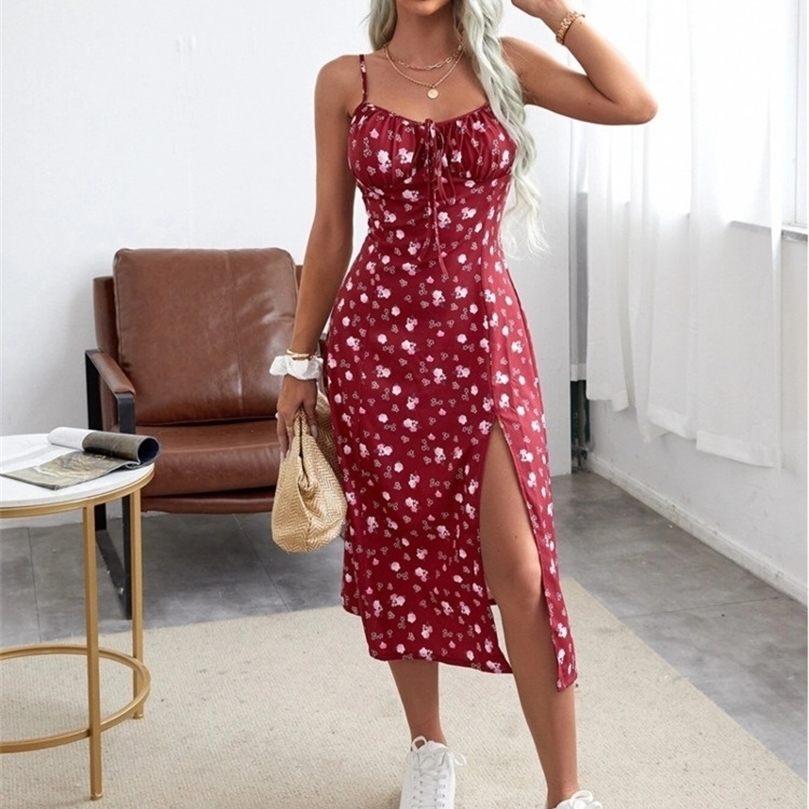 LiTi Women Floral Spaghetti Straps Summer Dress Print Elegant Suspenders Square Neck Slit Spring 220616