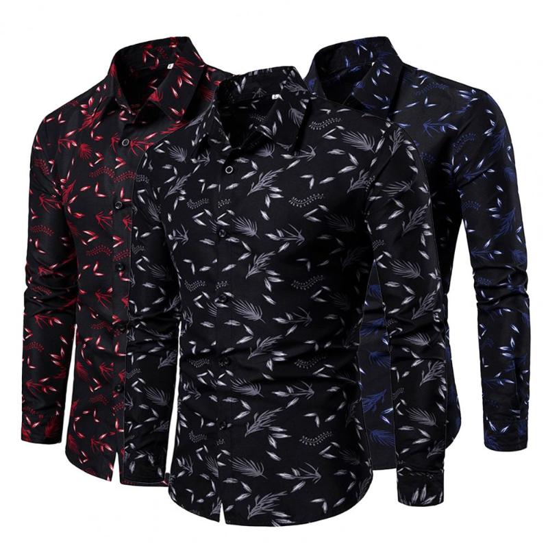 

Men's Casual Shirts Men Shirt Leaf Print Single-breasted Slim-fitting Full Sleeve Buttoned Lapel For Spring Summer Business Male StreetwearM, Red