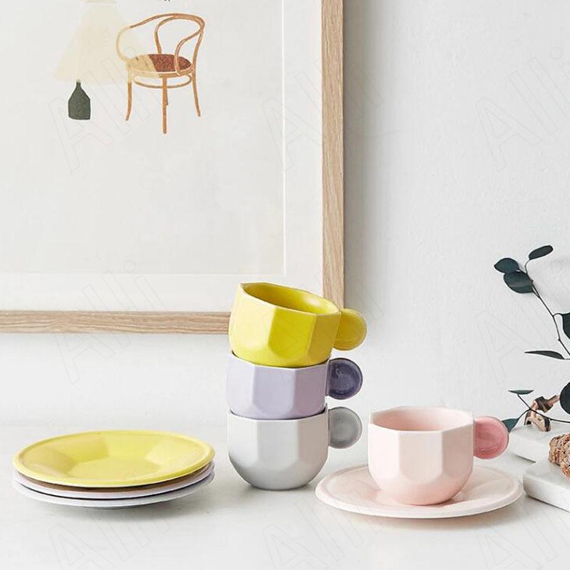 

Mugs Northern Europe Ceramic Simple Macron Color Cup And Saucer Set Restaurant Desktop Handcraft Coffee Cups Kitchen Tableware, A-150ml