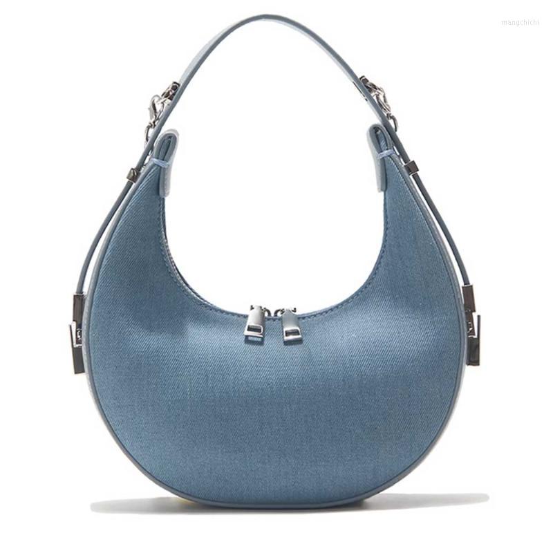 

Evening Bags Luxury Denim Bag Fashion Women Half Moon Ladies Axillary Handbag Chic French Style Chains Underarm Cotton Jean Fabric, Light blue denim