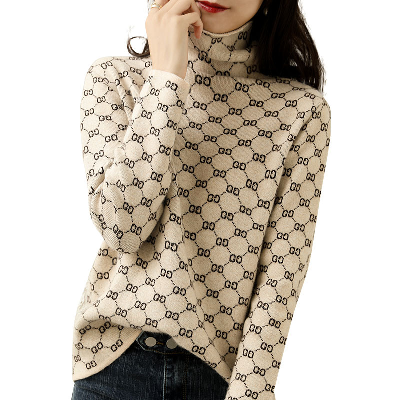 

Classic Retro Pattern Letter G High Neck tech fleece Sweater Winter Thickened Emale Pullover Jacquard Women, Beige