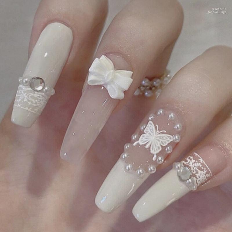 

False Nails 24PCS White Butterfly Nail Patch Sweet Style Glue Type Removable Long Paragraph Manicure Save Time CIN6 899 Prud22