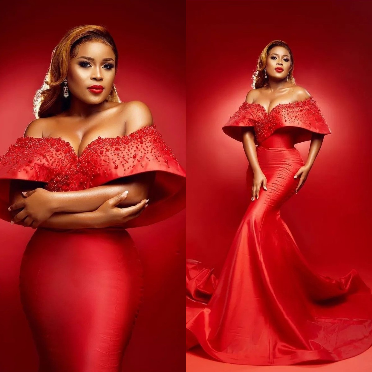 

Arabian Red Mermaid Evening Dresses with Pearls Off the Shoulder Prom Gowns Hand Made Satin Party Dress vestido de novia, Champagne