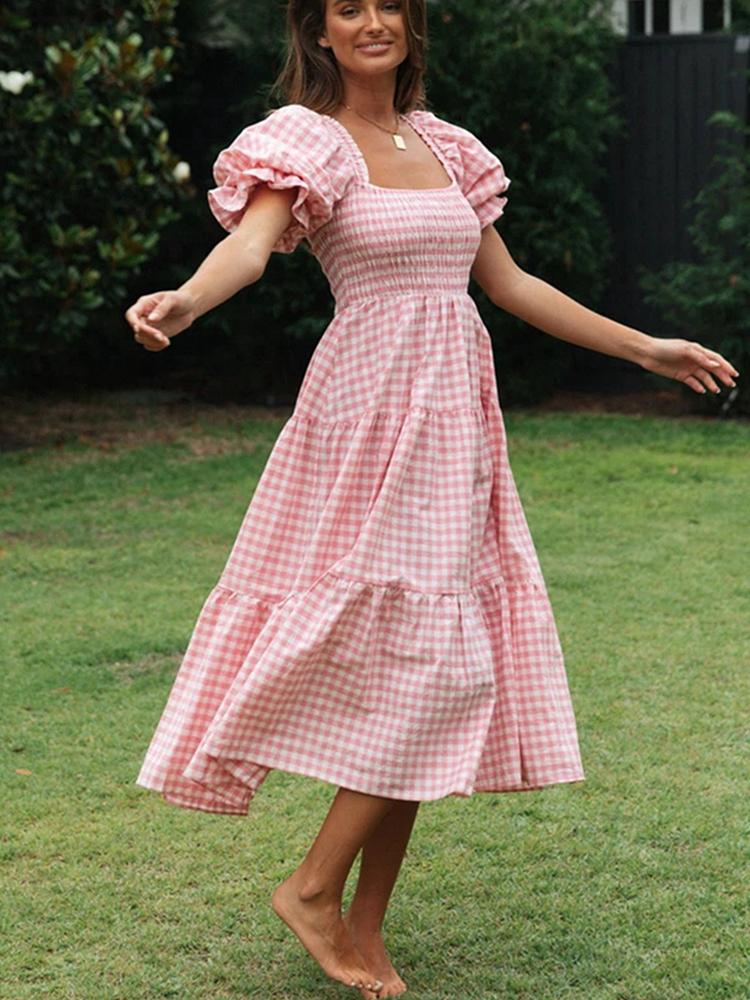 

Casual Dresses Summer Women Plaid Long Dress Square Collar Elastic Waist Short Sleeves Female Pink Holiday Maxi VestidosCasual, Blue