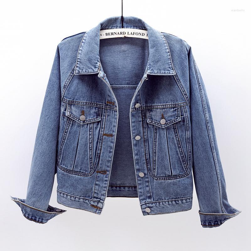 

Women' Jackets Spring Autumn Vintage Denim Jacket Female Korean Wild Big Pocket Loose Long Sleeves Solid Jeans Coat Women Clothes H1872, Light blue