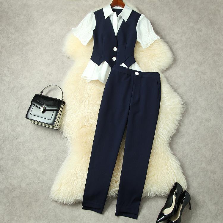 

Women' Two Piece Pants European And American Women' Wear Spring 2022 Short Sleeve Lapel Stitching T-shirt Nine Minutes Of Fashion Suit, Blue