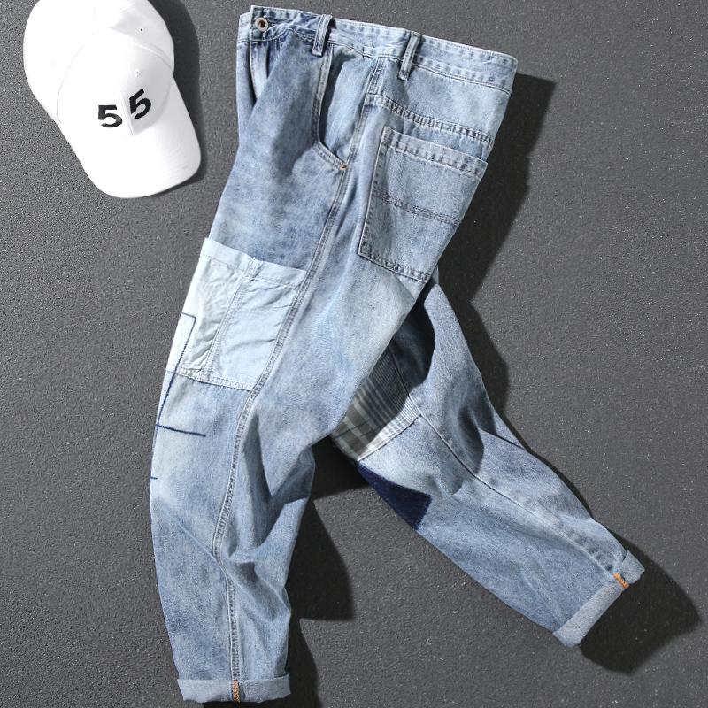 

Men's Jeans Handsome Men's Spring/Summer Thin Color Contrast Patchwork Patch Cargo Pants Straight Light All-Matching JapaneseMen's, Nm-6300 blue