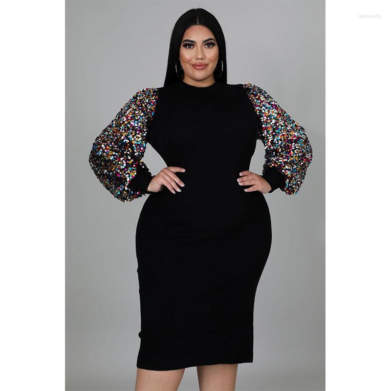 

Plus Size Dresses Perl Sexy Solid Color Sequined Puff Sleeve Fat Lady Dress Round Neck Outfit Clothes For Women Casual Skirt 5XL Jasp22, Black