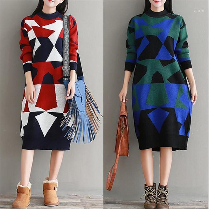

Casual Dresses 2022 Women Autumn Winter Warm Loose Medium Long Dress Preppy Style Geometric Knitted Vestido Plus Size Sweater, Green