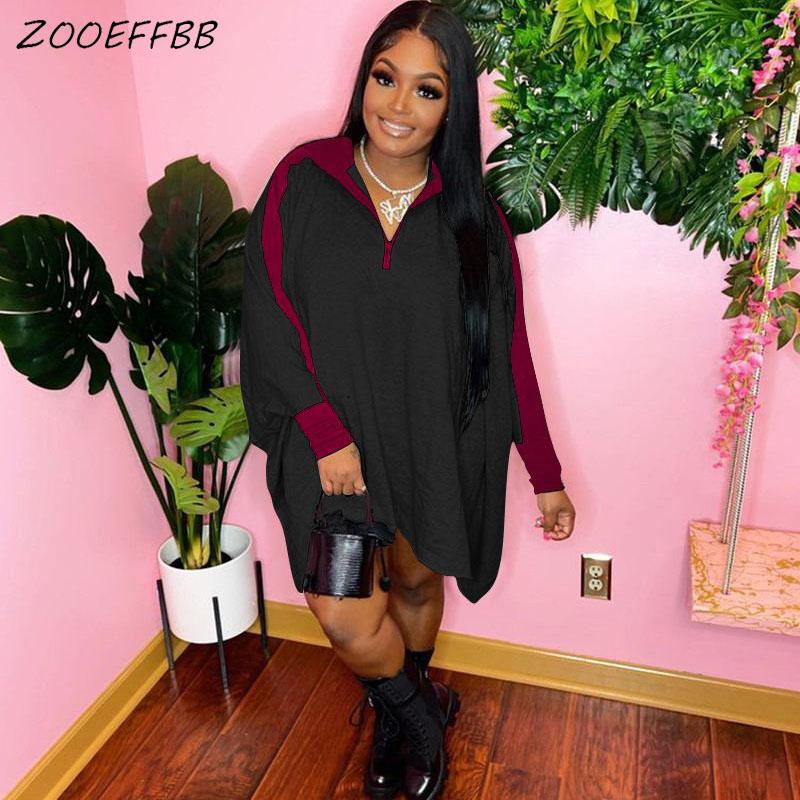 

Casual Dresses ZOOEFFBB Loose Patchwork Asymmetric Sweatshirt Dress Women Christmas Clothes Plus Size Sexy Long Batwing Sleeve, Black;gray