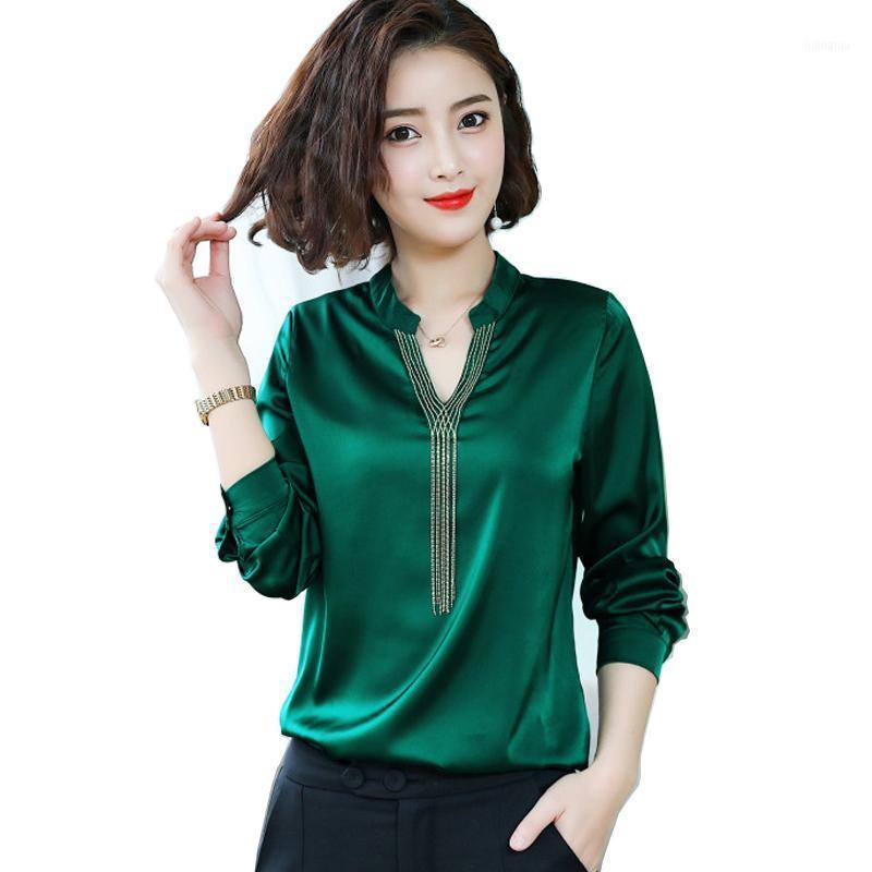 

Spring Women Fashion Long Sleeves Pearl Tassel Satin Blouse Vintage Femme VNeck Street Shirts Elegant Imitation Silk Women's Blouses &, D1183 yellow