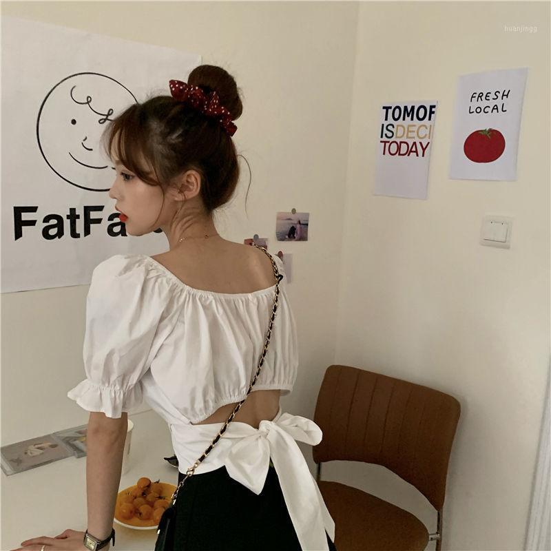 

Women' Blouses & Shirts Vintage Blouse Backless Bowknot Puff Sleeve Summer Ruffle Crop Tops Tee Shirt Solid Color Draped Top 2022 Fashion, Pink
