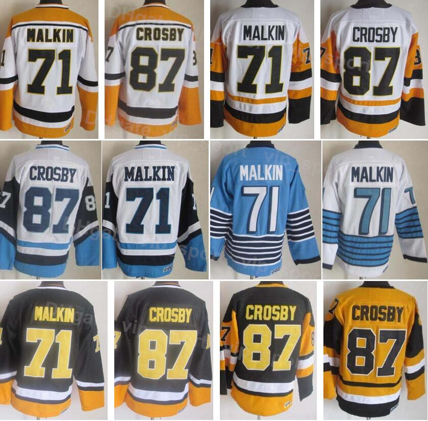 Men de hockey sur glace vintage rétro 71 Evgeni Malkin Jersey 87 Sidney Crosby broderie et couture à la maison noir blanc bleu jaune pour les fan