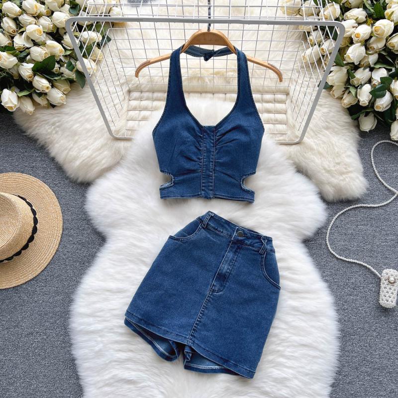 

Work Dresses Amolapha Womens Summer Sexy Halter Neck Vest Tops High Waist Mini Skirt Set Female Jeans 2-piece SuitsWork, Blue